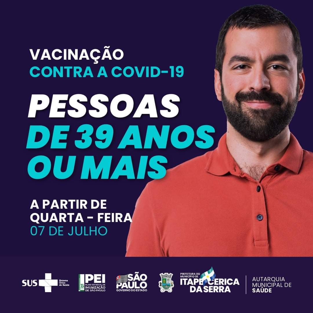 Itapecerica vacina contra a Covid pessoas acima de 39 anos a partir de quarta, 7