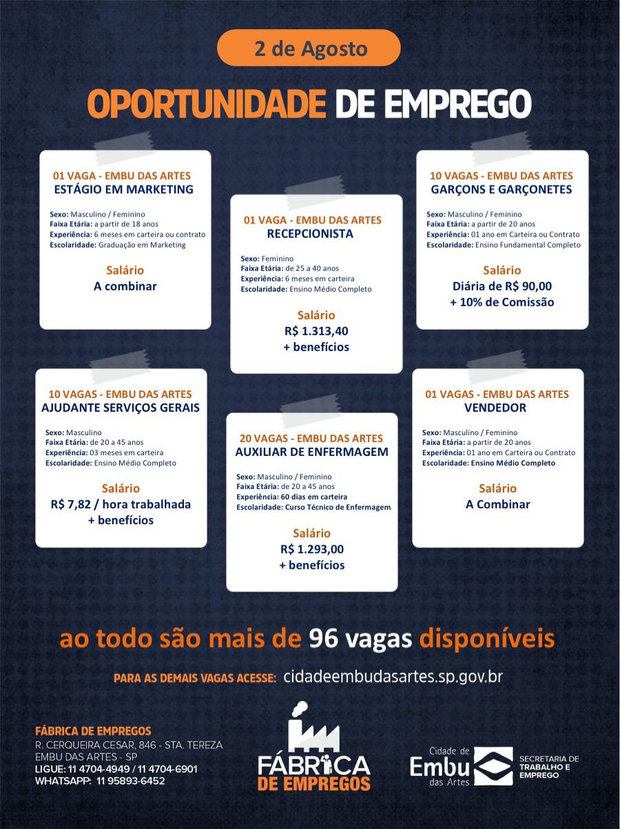 Embu das Artes oferece 96 vagas de empregos nesta segunda, 2